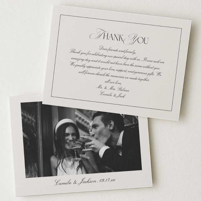 Cartão De Agradecimento Classy Old Money Black and Ivory Wedding Photo (Criador carregado)