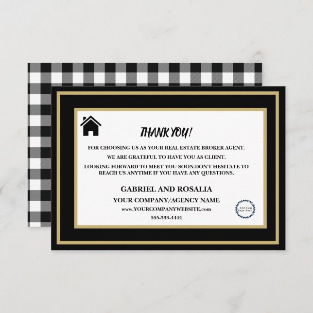 Cartão De Agradecimento  Cliente do Agente Imobiliário Preto e Branco  (Frente/Verso)