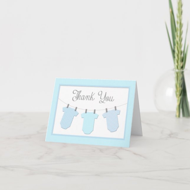 Cartão De Agradecimento Clothesline Blue Boy Baby Shower Thank You (Frente)
