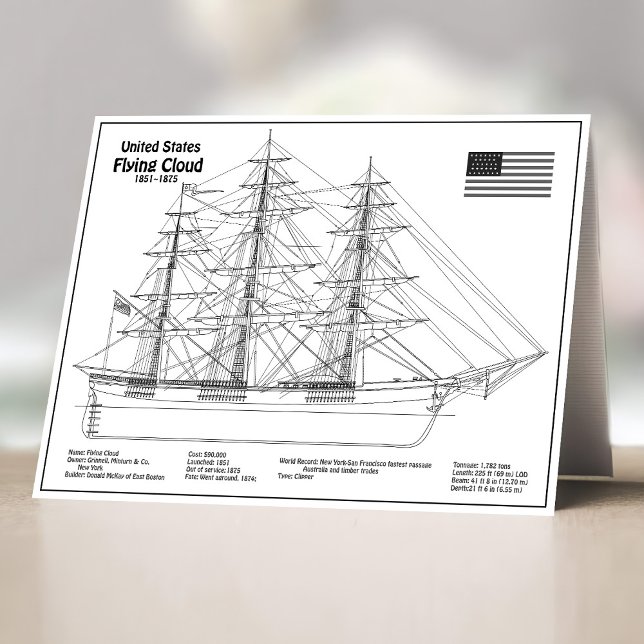 Cartão De Agradecimento Cloud Voadora de Entrega de Clipper - BD de Bluepr (Clipper Ship Flying Cloud - Ship Blueprint BD. Thank You Card)