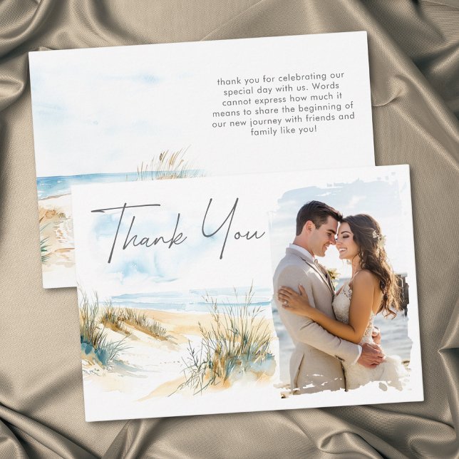 Cartão De Agradecimento Coastal Beach Modern Watercolor Photo Wedding (Coastal Beach Modern Watercolor Photo Wedding Thank You Card)