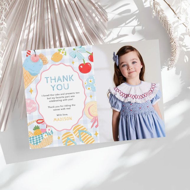 Cartão De Agradecimento Coastal Beach Pastel Doodle Girls Birthday Photo (Criador carregado)