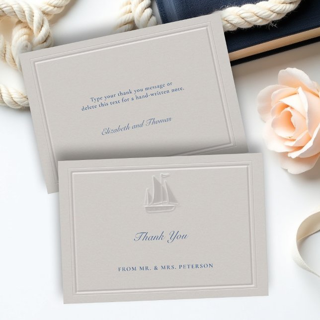 Cartão De Agradecimento Coastal Nautical Sailboat Elegant Simple Wedding (coastal wedding thank you card nautical sail boat formal traditional double frame modern classic)