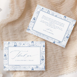 Cartão De Agradecimento Coastal Toile Lighthouse Blue Wedding