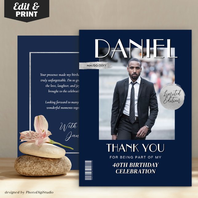 Cartão De Agradecimento Cobrir de revista personalizada de aniversário mod (Modern Birthday Custom Magazine Cover Thank You Card)