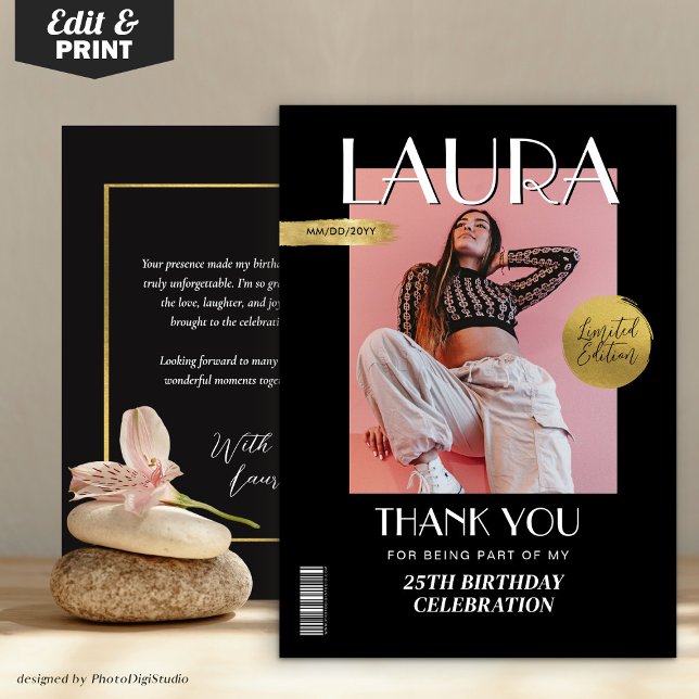 Cartão De Agradecimento Cobrir de revista personalizada de aniversário mod (Modern Birthday Custom Magazine Cover Thank You Card)