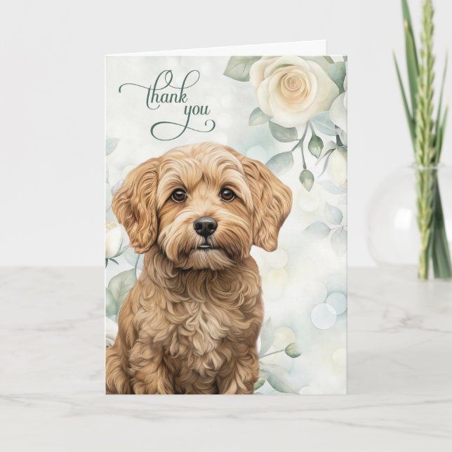 Cartão De Agradecimento Cockapoo com Rosas Brancas e Verde Salvia (Frente)