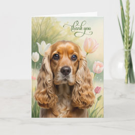 Cartão De Agradecimento Cocker Spaniel no Jardim de Tulipas
