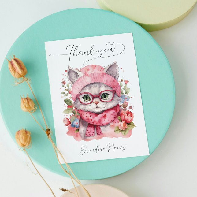 Cartão De Agradecimento Cód. Aquarela Gato Vovó Floral (Cute Watercolor Cat Grandma Floral Thank You Card)