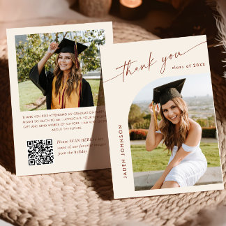 Cartão De Agradecimento Código QR de Foto de Graduação Minimalista Elegant