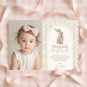 Cartão De Agradecimento Coelhinho Vintage Blush com Laço Rosa Garota de An