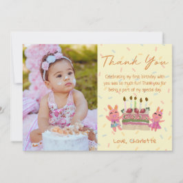 Cartão De Agradecimento Coelhinhos Fofos com Bolo Foto de Aniversário de C