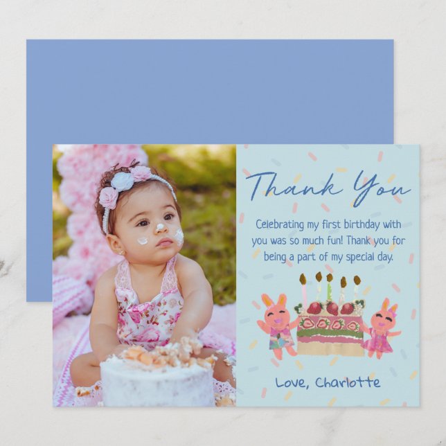 Cartão De Agradecimento Coelhinhos Fofos de Morango | Foto de Aniversário  (Frente/Verso)