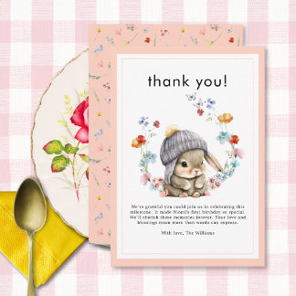 Cartão De Agradecimento Coelho Animal Florestal Botânico 1º Aniversário 