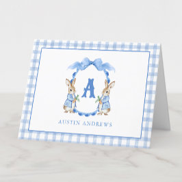Cartão De Agradecimento Coelho Azul Gingham Monograma Crest