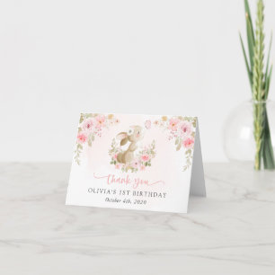 Cartão De Agradecimento Coelho, Borboleta, Flores Rosa, Primeiro Aniversár