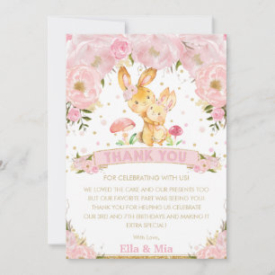 Cartão De Agradecimento Coelho Bunny Rosa Floral Meninas Aniversário Conju