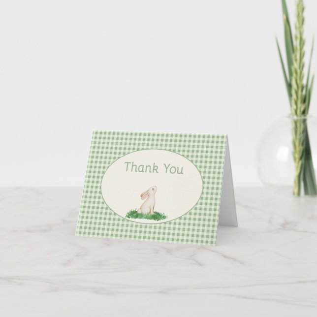 Cartão De Agradecimento Coelho de Gingham Verde Obrigado (Frente)