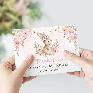 Cartão De Agradecimento Coelho Fofo, Borboleta, Flores Rosas, Chás de Bebê