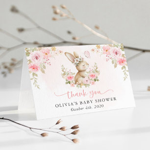Cartão De Agradecimento Coelho Fofo, Borboleta, Flores Rosas, Chás de Bebê