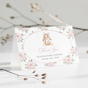 Cartão De Agradecimento Coelho Fofo, Laço Rosa, Flores Rosas, Chás de Bebê