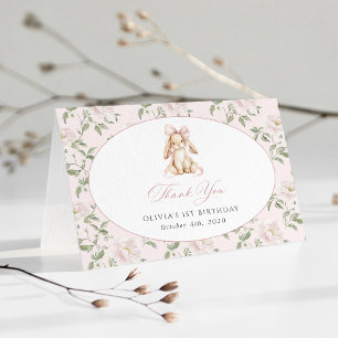 Cartão De Agradecimento Coelho Fofo, Laço Rosa, Flores Rosas, Primeiro Ani