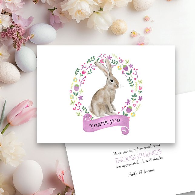 Cartão De Agradecimento Coelho na Coroa de Flores Doodle (Spring or Easter Thank you card from my Little Bunny & Little Lamb Baby Shower collection)