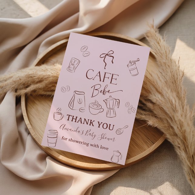 Cartão De Agradecimento Coffee Theme Pink Bow Cafe Bebe Girl Baby Shower (Criador carregado)
