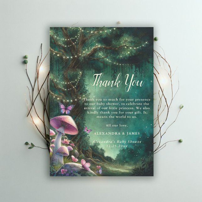 Cartão De Agradecimento Cogumelos Florestais Encantados Chá de fraldas Ver (enchanted forest garden mushroom baby shower thank you card woodland magical green pink)