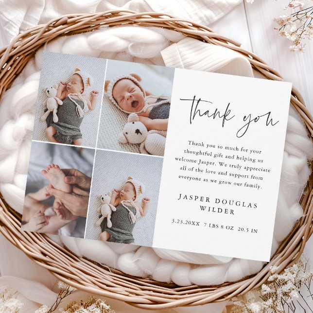 Cartão De Agradecimento Colagem de Foto de Bebê com Roteiro Simples (Modern script photo collage baby thank you cards.)