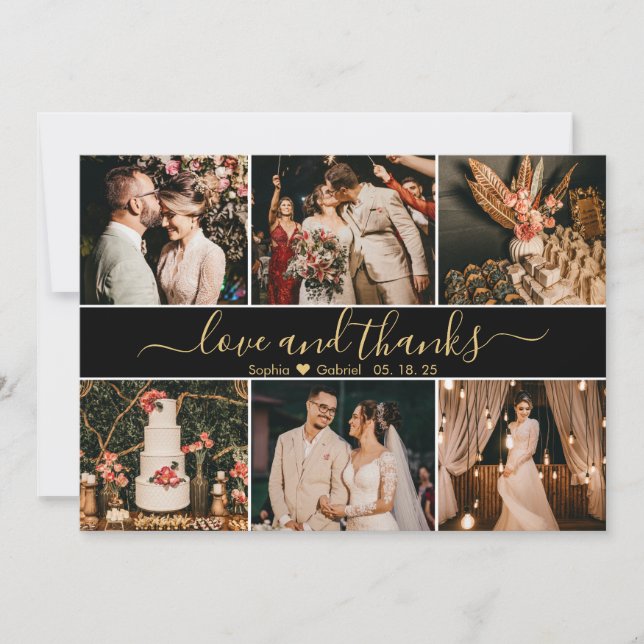 Cartão De Agradecimento Colagem de Fotografias com Script Elegante Preto e (Frente)