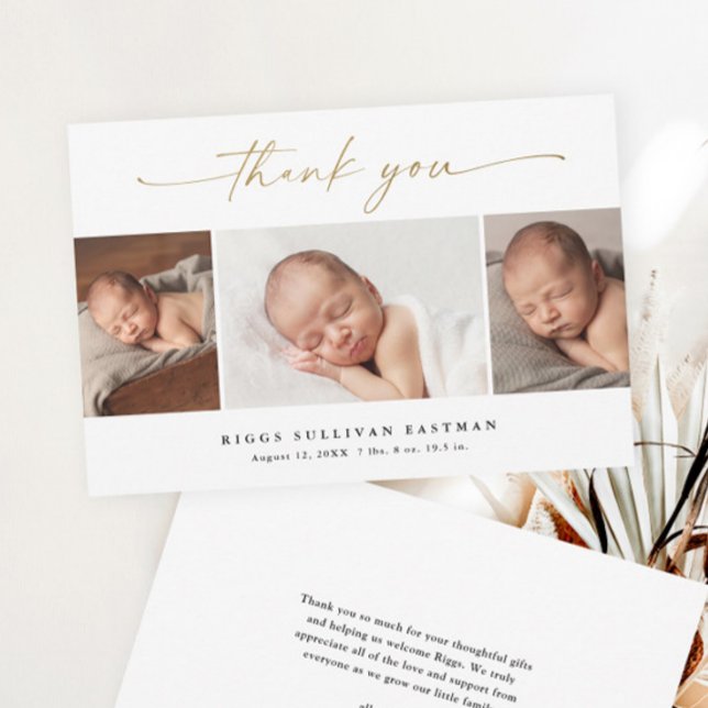 Cartão De Agradecimento Colagem de Fotos 3 Elegant Script Bebê (Elegant gold script calligraphy 3 photo collage baby thank you card.)
