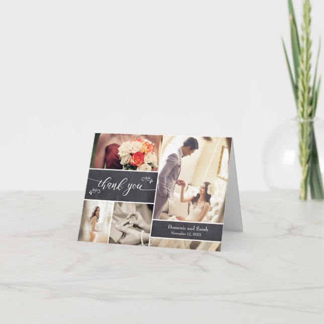 Cartão De Agradecimento Colagem de Fotos com Giz Obrigado Casamento Rústic (Frente)