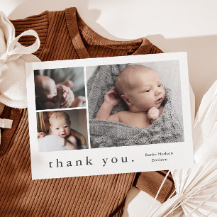 Cartão De Agradecimento Colagem de Fotos com Nome Moderno para Bebê