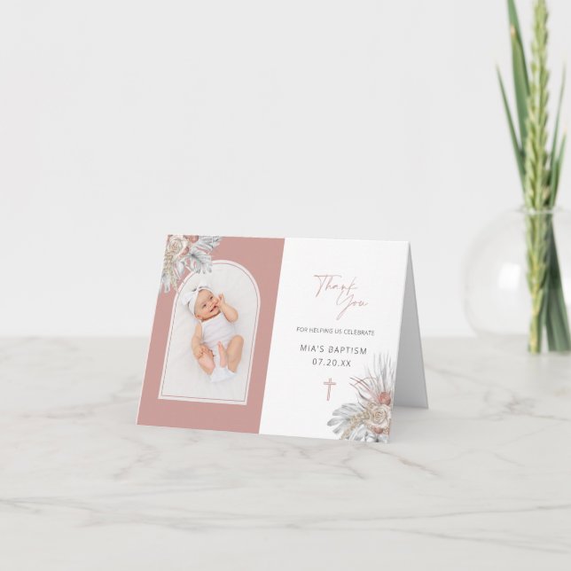 Cartão De Agradecimento Colagem De Fotos De Arco Dobrada De Batismo Floral (Frente)