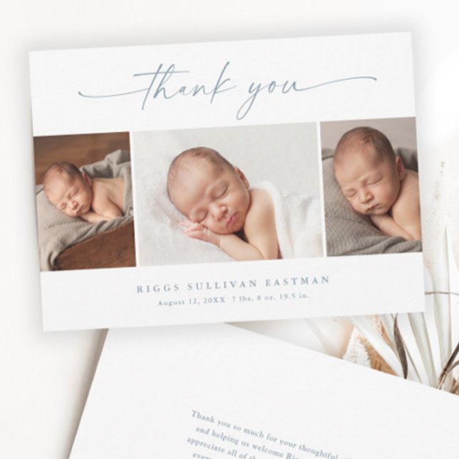 Cartão De Agradecimento Colagem de Fotos de Bebê com Letra Simples (Elegant Dusty Blue Script 3 Photo Collage Baby Thank You Cards.)