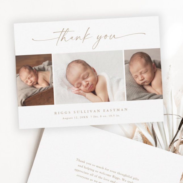 Cartão De Agradecimento Colagem de Fotos de Bebê com Letra Simples (Elegant Gold Script 3 Photo Collage Baby Thank You Cards.)