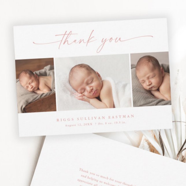 Cartão De Agradecimento Colagem de Fotos de Bebê com Roteiro Simples (Elegant Dusty Pink Script 3 Photo Collage Baby Thank You Cards.)