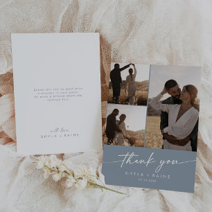 Cartão De Agradecimento Colagem de Fotos de Casamento Azul Boho Chic Dusty