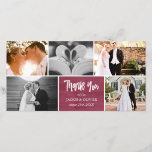 Cartão De Agradecimento Colagem de Fotos de Casamento Branca e Crimson Obr
