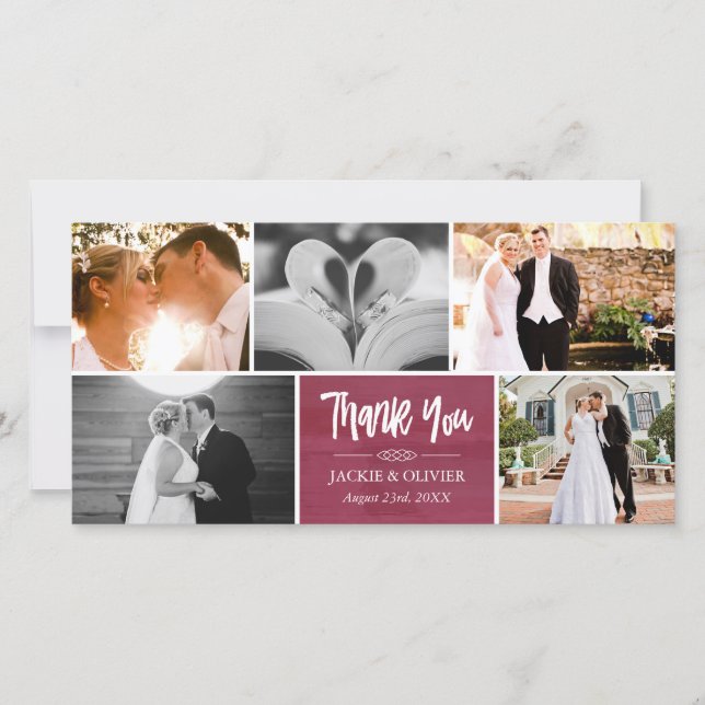 Cartão De Agradecimento Colagem de Fotos de Casamento Branca e Crimson Obr (Frente)