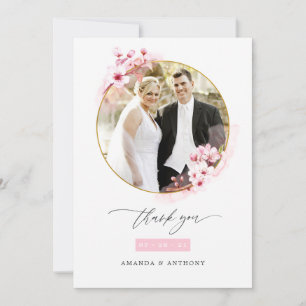 Cartão De Agradecimento Colagem de fotos de casamento com flor de cerejeir
