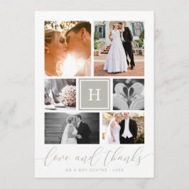 Cartão De Agradecimento Colagem de Fotos de Casamento com Monograma Cinza