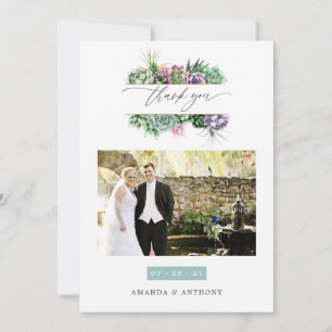 Cartão De Agradecimento Colagem de Fotos de Casamento com Suculentas em Aq