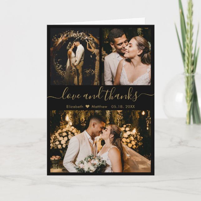 Cartão De Agradecimento Colagem de Fotos de Casamento Dourado na moda Blac (Frente)