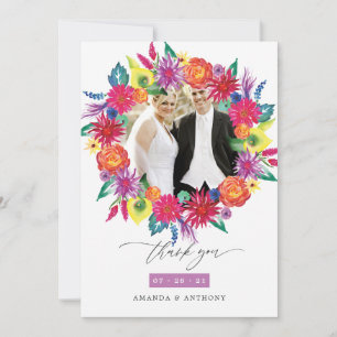 Cartão De Agradecimento Colagem de Fotos de Casamento Fiesta Floral Aquare