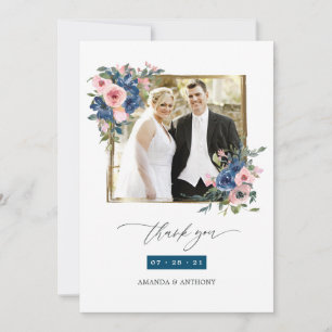 Cartão De Agradecimento Colagem de Fotos de Casamento Floral Azul Marinho