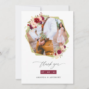 Cartão De Agradecimento Colagem de Fotos de Casamento Geométrico Burgundy