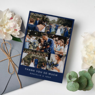 Cartão De Agradecimento Colagem de Fotos de Casamento Limpo Azul Marinho O