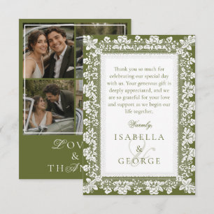 Cartão De Agradecimento Colagem de Fotos de Casamento Old Money Verde Oliv
